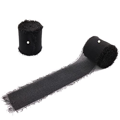 2 Rolls 1.5 Inch X 5.5 Yard Handmade Fringe Chiffon Ribbon Frayed Edges Silk-Like Ribbon Rustic Ribbon For Bouquets Wrapping Decor Wedding Tie Invitations Crafts (Black) #TOP29