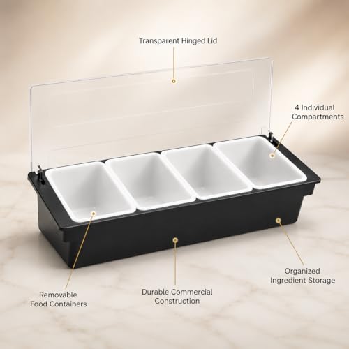Image of 4-Compartment Condiment Dispenser with Lid | Salad Bar Container for Restaurant, Buffet, Catering & Home Use | Food Prep Station Organizer with Removable Containers