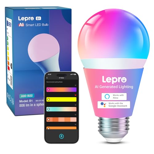 Lepro B1 IA Ampoule Connectée, Concepteur d'Éclairage IA Personnalisé, WiFi Ampoule E27 LED RGB+CCT 2700K-6500K, Compatible avec Alexa/Google Assistant, La Synchronisation avec La Musique, 1 pcs