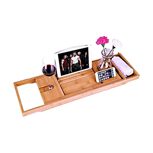 Unuber, Bath Caddy, vassoio da bagno in bambù, vaschetta per vasca da bagno, ripiano per tablet e cellulare con portabicchiere e spaio per altri oggetti