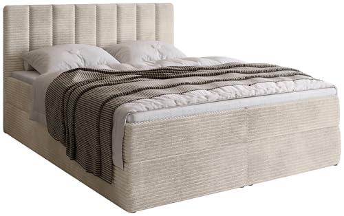BROMARKT Boxspringbett mit Bonell Matratze Härtegrad H3 160x200cm Polsterbett mit Bettkasten Doppelbett mit Topper gepolsterte Kopfstütze Cordstoff Bett Denver Hellbeige
