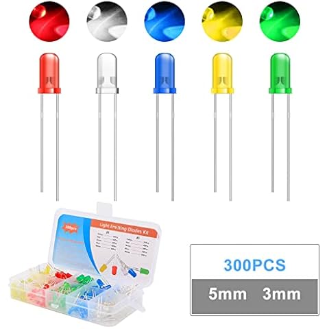 300 Stück LED Leuchtdioden 3mm/5mm LED Dioden Sortiment Kit Rundkopf 2 Pin Diffuse LED Leuchtdioden Elektronikkomponenten mit 5 Farben Cover
