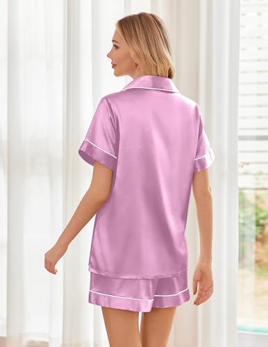 Image of Ekouaer Womens Silk Satin Pajama Sets Soft Short Sleeve Button Down Sleepwear Top and Shorts 2 Piece Pjs Lounge Set,Purple Red,S