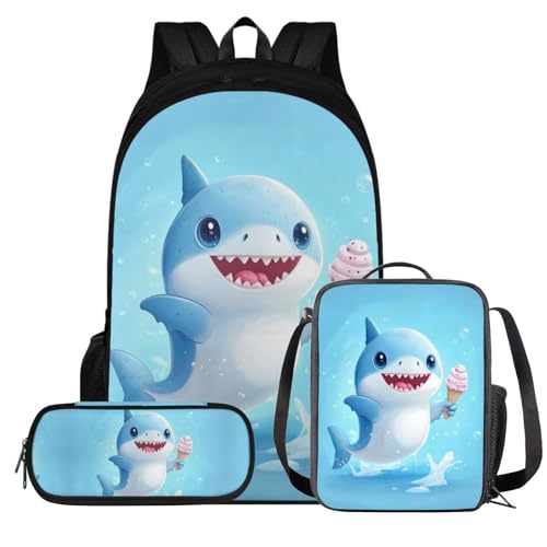 COEQINE Mochila rosa para niños y niñas con fiambrera, para jardín de infantes, preescolar, primaria, paquete de 3, Helado Baby Shark de dibujos animados