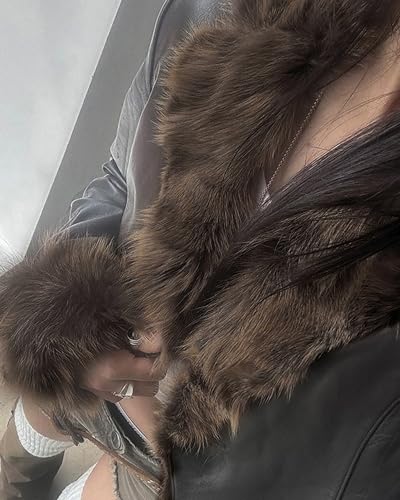 BAIMORE Women's Winter Fluffy Fur Trim Lapel Button Warm Motorcycle Faux Leather Jacket3