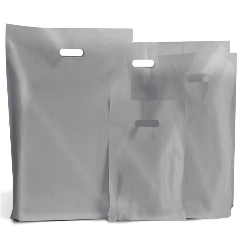 Silver Plastic Bags/Gift Shop Carrier Bag/Boutique Retail - Small & Large (500, Small 10x12+4 Inches)