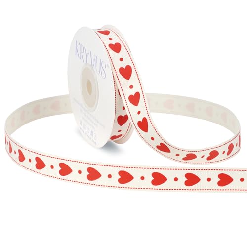 Kryvus Red Hearts Cotton Ribbon 5/8 Inch x 12 Yards Heart Printed Ribbon Natural Cotton Webbing Tape Ribbons for Gift Wrapping Bow Making DIY Crafts Valentines Day Decor Weddings & Anniversary