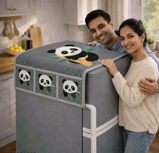 Image of STOREUP double Door or Single Door Fridge Cover | solid Print Fridge Cover With Side Pockets|Fridge Top Cover|Refrigerator Cover|Washable Cotton Material|6 Utility Pockets (GRY PANDA)