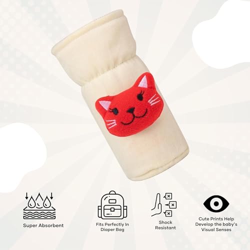 Image of Soft Plush Stretchable Baby Feeding Bottle Cover Easy to Hold Strap with Cute Animated Cartoon| Suitable for 60-125 Ml Feeding Bottle (Cream-Green)