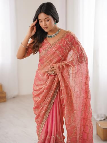 Image of AKHILAM Women's Shimmer Chiffon Heavy Sequence Embroidery Work Saree With Unstitched Blouse Piece (VT798A VM Parent)