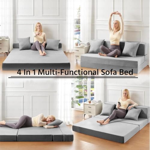 Image of Urban Decor Foldable Sofa Bed 4X6' Feet Perfect for Guest Jute Fabric 2 Seater Sofa Bed for Home & Office Space-Saving-Grey