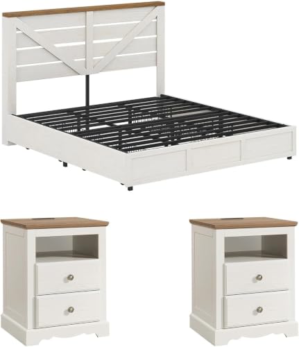 Image of AMERLIFE 3 Piece Bedroom Set, Including Farmhouse Queen Size Bed Frame with 4 Drawers, Nightstands Set of 2 with Charging Station for Bedroom, White