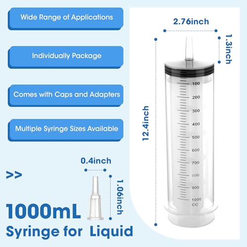 Image of 1000mL Plastic Syringe for Liquid - Large Syringes with Adapter for Scientific Labs, Feeding, Oil Filling, Individually Wrapped, 1 Pack