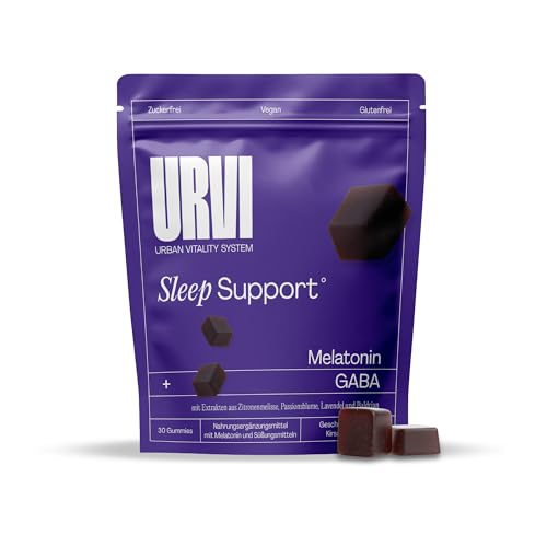 URVI Sleep Gummies 1mg Melatonin 500mg GABA & Pflanzenextrakten Entspannung & Erholsamen Schlaf Vegan Zuckerfrei Glutenfrei Kirsch-Geschmack 30 Stück