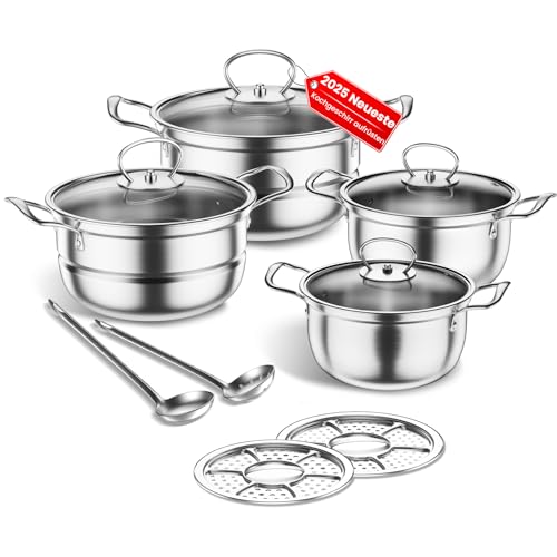 Topfset aus Edelstahl, 12-teilig Töpfe Set mit Dampfer und Löffel, Großes Kochgeschirr Induktion-Kochtopf-Set, Töpfe Set Geeignet für alle Herdarten (Silber)