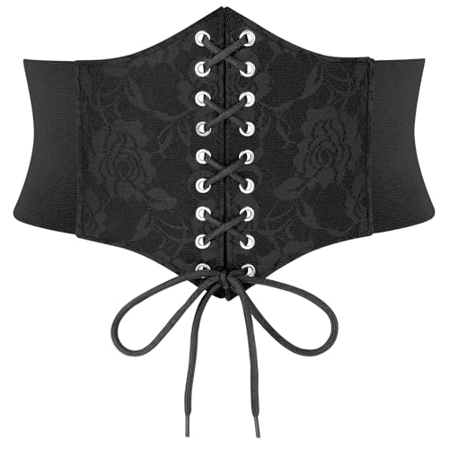 SUOSDEY Lace Floral Corset Belt for Women Wide Elastic Waist Lace-up Renaissance Pirate Stretch Cinch Belts