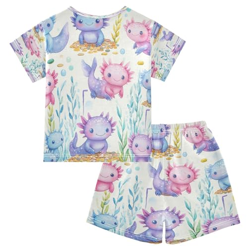 Pajama Sets Short Sleeve Watercolor Cute Axolotl Pattern Soft Cotton Summer Sleepwear 2 Piece PJS Size 5-14T2