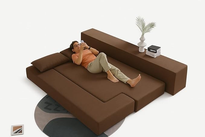 L-Shape Floor Sofa Bed, Modular Convertible Sleeper Couch with Removable Cushions, Modern Minimalist Low Profile Design for Studio Apartment (Multiple Colors) (Brown)