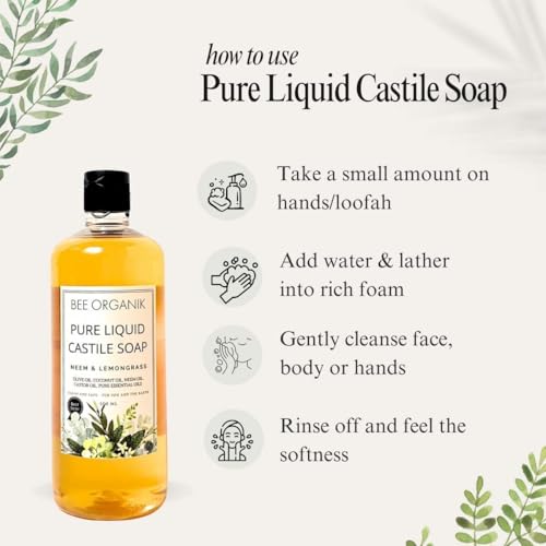 Image of Neem & Lemongrass Pure Liquid Castile Soap |All Natural, Organic and Safe | Face, Body & Hair, For Sensitive Skin, No Artificial Fragrance | Bee Organik | Neem 500ml