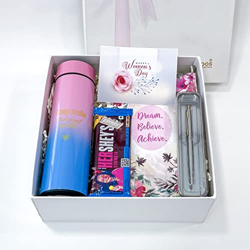 Image of Women's day gift ideas for colleagues with Temperature water bottle, Greeting card, Chocolates and more | women's day gift hampers | womens day gift for employees | women's day corporate gifts