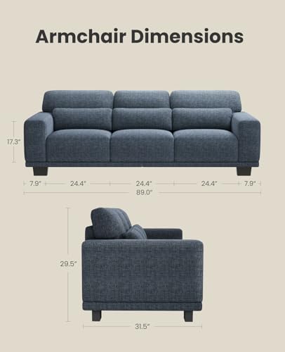 Image of Amada 89 inch Sofa, 3 Seater Couch Sofa for Living Room, Modern Sofa with Wide Armrests & Deep Seats, Comfy Couch with Removable Washable Covers & Linen Fabric, Easy Assembly (Blue, 3 Seater)