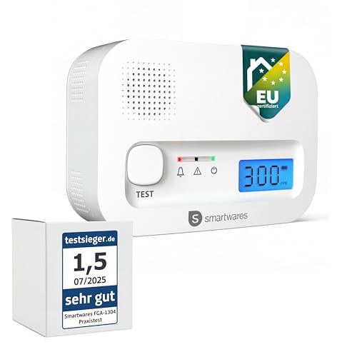 Smartwares Kohlenmonoxid melder, 10 Jahre Sensor, 1.5 Testsieger Wertung, mit Display und Testknopf - FGA-13041