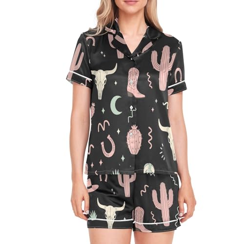 Image of Womens Silk Satin Pajamas Set Western Theme Womens Short Sleeve Shorts Set 2 Piece Sleepwear Lounge Set S-XXL