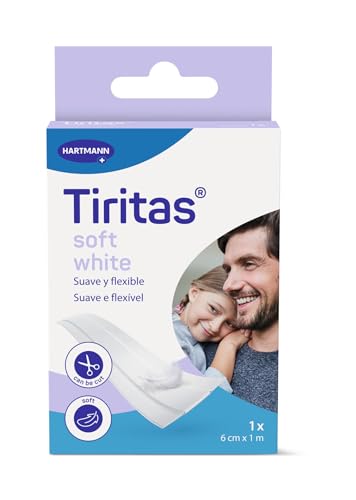 TIRITAS Soft: Apósitos de color blanco fabricados en suave papel. Indicadas para pieles sensibles y delicadas. Protección suave para pequeñas heridas; Recortables; 8cmx1m; 1 unidad