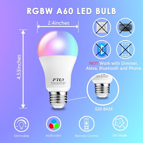 Image of FTL Color Changing Light Bulb with Remote Control, A19 E26 Dimmable RGB LED Colored Light Bulbs 8W 60W Equivalent, 30 Colors, 2700K-6000K, Timer, Multi Color Recessed Light Bulbs for Bedroom, 4-Pack