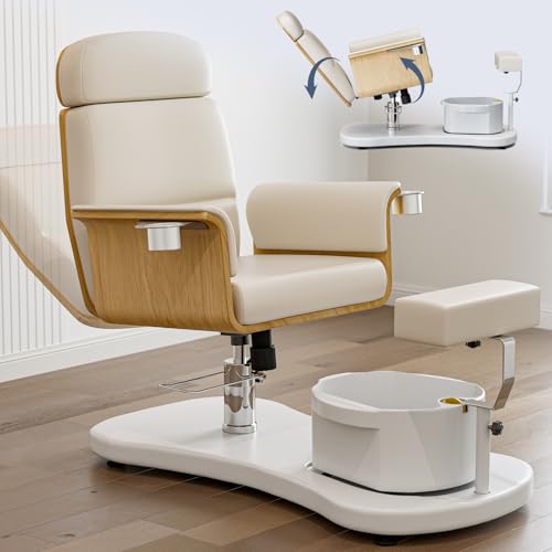 OKAKOPA Pedicure Chair No Plumbing – Portable Reclining Spa Chair for Nail Techs with 360° Swivel, Adjustable Footrest, Foot Basin Included – Ergonomic Pedicure Station, Off-White