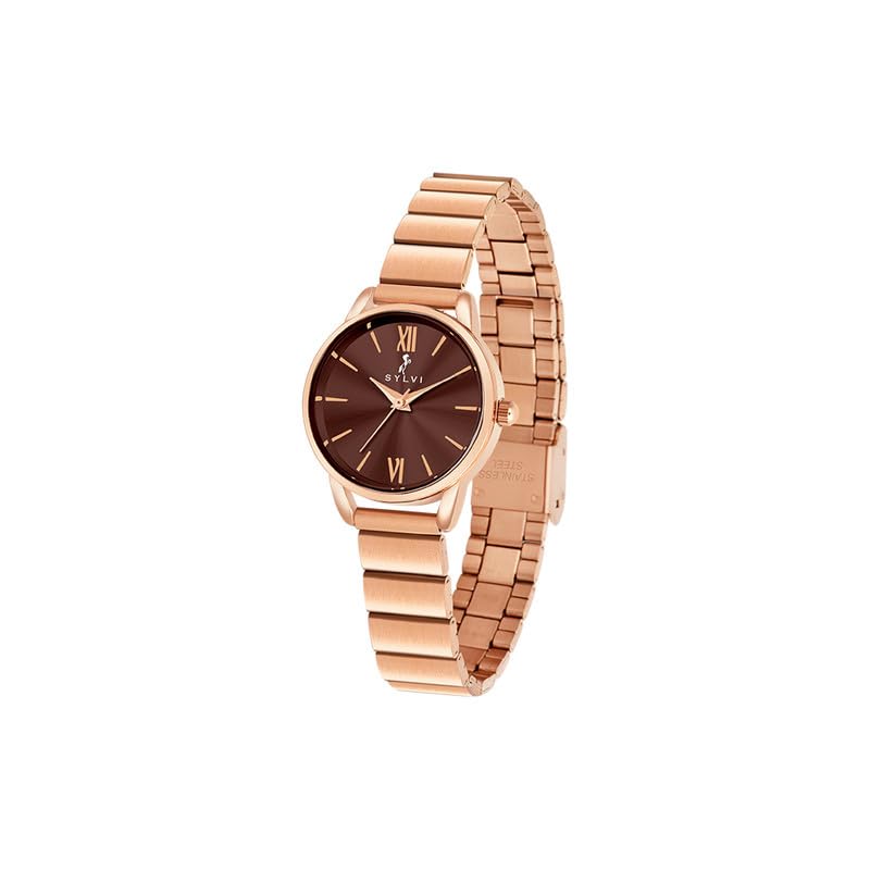 Image of Sylvi Analog Watch for Women, Dazzle Mocha Rose Link Rose Gold Stainless Steel Bracelet Watch with Glossy Coffee Round Dial, Mineral Glass, Quartz Movement & 30m (3 ATM) Water Resistant