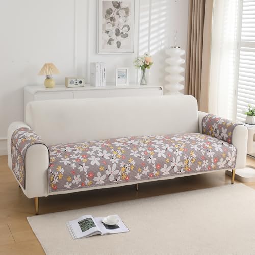Image of HOKIPO 'HomeHues Series' Printed Quilted Sofa Seat Mat for 2 Seater Sofa with 2 Armrest Covers with Pockets, Pastel Brown Sandwort Flower (IN-807-D1 + IN-814-D1*2)