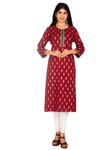 DEBLOSSOM Women's Rayon 3/4 Sleeves Straight Readymade Kurti Printed Floral Casual for Girls