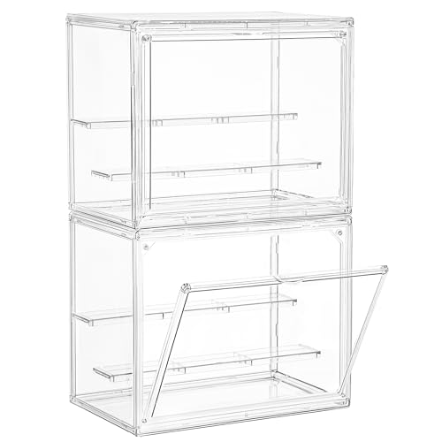 Image of LXLXXL Small Acrylic Display Case for Collectibles 3 Layer Adjustable Display Case with Magnetic Door Clear Stackable Display Box for Mini Figures, 2 Pack