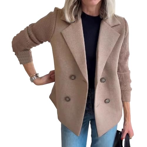 Women's Crop Trench Coat Jacket Lapel Button Patchwork Sleeve Knitted Pea Coat Casual Double Breasted Blazer Sweater