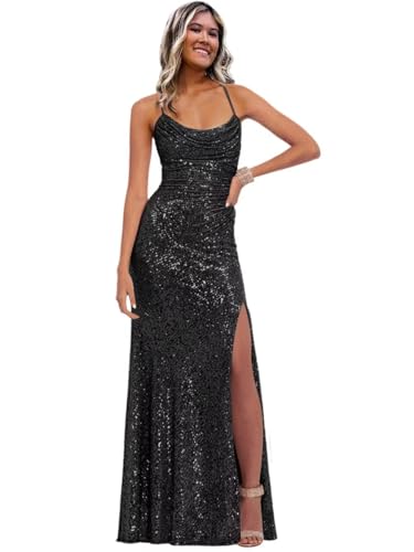 Image of Stylefun Women's Halter Mermaid Prom Dresses with Slit Long Sequin Formal Cocktail Party Dress STN027
