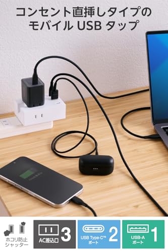 エレコム(ELECOM) エレコム 電源タップ USB コンセント 20W AC×3個口 USB-A×1 USB-C×2 直挿し 180度スイングプラグ 雷ガード ホコリ防止シャッター付き ホワイト ECT-37-3AC2WH の商品画像 1