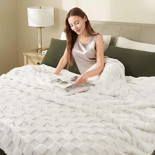 Joiedomi Queen Kuscheldecke für Bett, 228x228cm, Weiche Weiße Karierte Fleece-Decke, Geschenk für Frauen, Mütter & Mädchen, Weiche Wolldecke Warme Flanelldecke als Tagesdecke