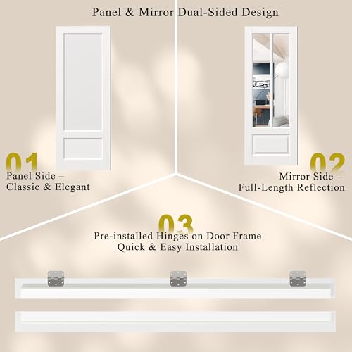 Image of 30 inch x 80 inch Prehung Door, Right-Handed, 2-Lite Mirror Interior Door with Pantry /Bedroom, White MDF with Hardware Kit