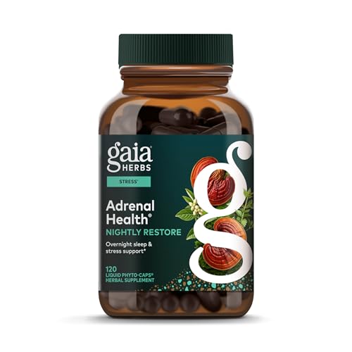 Gaia Herbs Adrenal Health Nightly Restore , Vegan Liquid Capsules, 120 Count - Calming Sleep and Stress Support, Ashwagandha, Reishi, Cordyceps, Lemon Balm