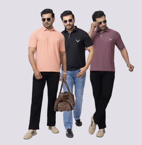 Image of HANABY Men's Summer Polo Solid Half Sleeves Polycotton T-Shirt | Collar Breathable and Comfortable T-Shirt (Pack of 3)