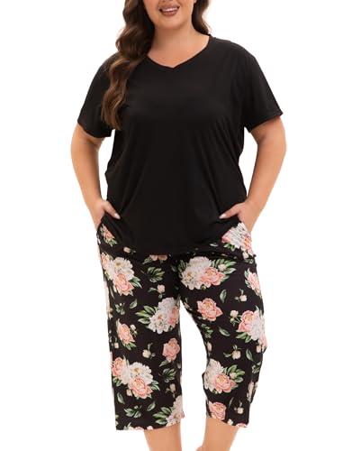 Image of Plus Size Pajamas for Women Set, Womens Plus Size Short Sleeve V Neck Capri Pants Pajama Sets with Pockets