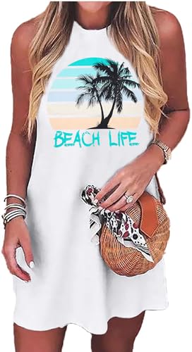 Image of MYHALF Summer Tank Dress for Women Sleeveless Beach Vacation Sundress Short Coconut Tree Sun Dress Casual Coverup