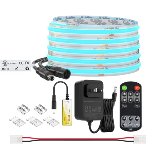 Image of BTF-LIGHTING Ice Blue Color COB LED Strip Light, UL Listed High Density Flexible Tape Light with RF Remote & ETL Power Adapter, DC24V 16.4FT Ultra Bright Light for Cabinet Kitchen Home Indoor Lighting