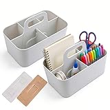 Jucoan 2 Pack Plastic Portable Storage Organizer Caddy, Stackable 5 Slots Divided Basket Bin, Wall Mounted Makeup Organizer Caddy for Bathroom, Dorm Room (Beige, 9.75 x 6 x 4.25 Inch)