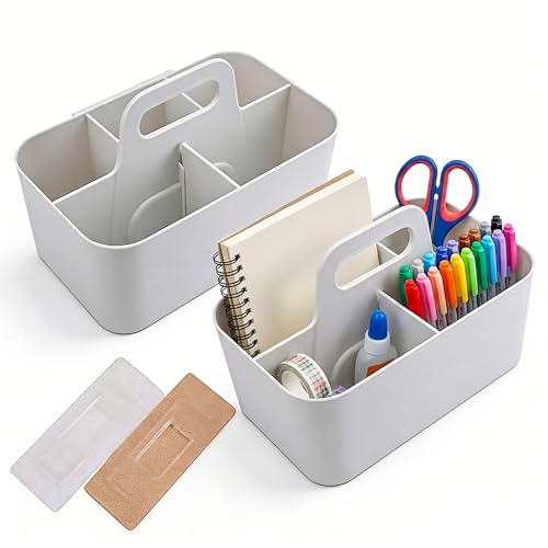 Image of Jucoan 2 Pack Plastic Portable Storage Organizer Caddy, Stackable 5 Slots Divided Basket Bin, Wall Mounted Makeup Organizer Caddy for Bathroom, Dorm Room (Beige, 9.75 x 6 x 4.25 Inch)