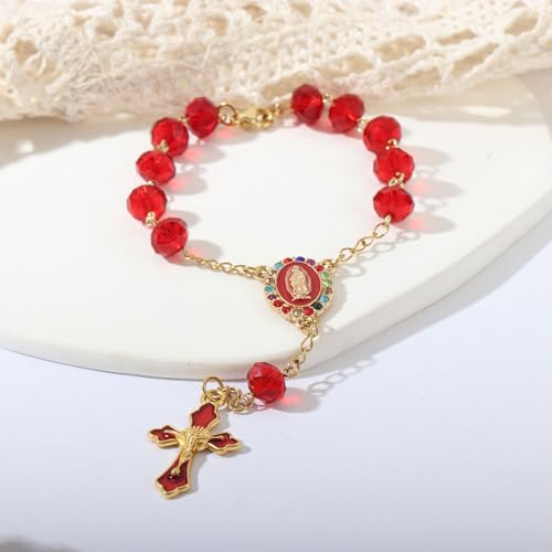 Image of Car Rosary for Rearview Mirror,Rosary for Car Mirror Hanging,Catholic Religious Gifts for Women Men,Auto Rearview Catholic Rosary Hanging Pendant with Virgin Mary Charm,interior Cars Accessories (Red)