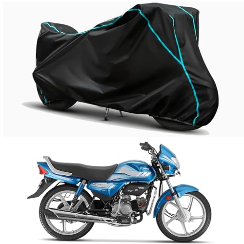Image of Waterproof Bike Body Cover Compatible for | Hero HF Deluxe i3S | Taffeta Fabric, Sky Piping Design, Bottom Elastic Fit | Dustproof, Sun UV & Rain Protection for All Weather.