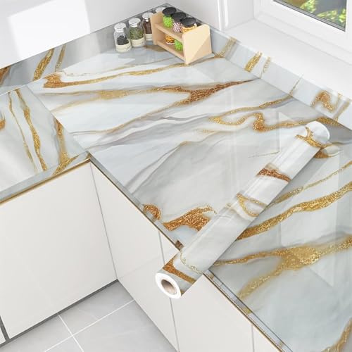 Image of Self Adhesive Marble Wallpaper Kitchen Oil Proof & Waterproof Wallpaper for Cabinet Makeover, Almirah, Plastic & Tabletop, Wardrobe (60x200cm) (New White Waves)