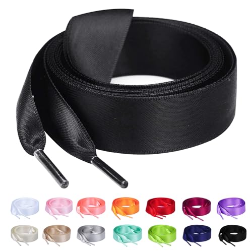 Booyckiy Flat Colorful Satin Ribbon Shoelaces 3/4' Wide Shoe Laces for Women Girls, Black 47inch...